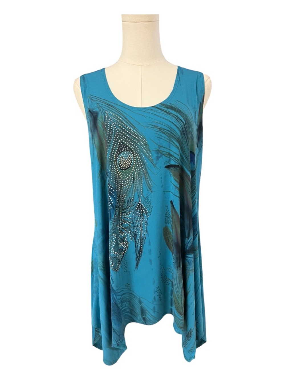 EUC Jostar Aqua Blue Peacock Handkerchief Hem Tunic Blouse | Size M